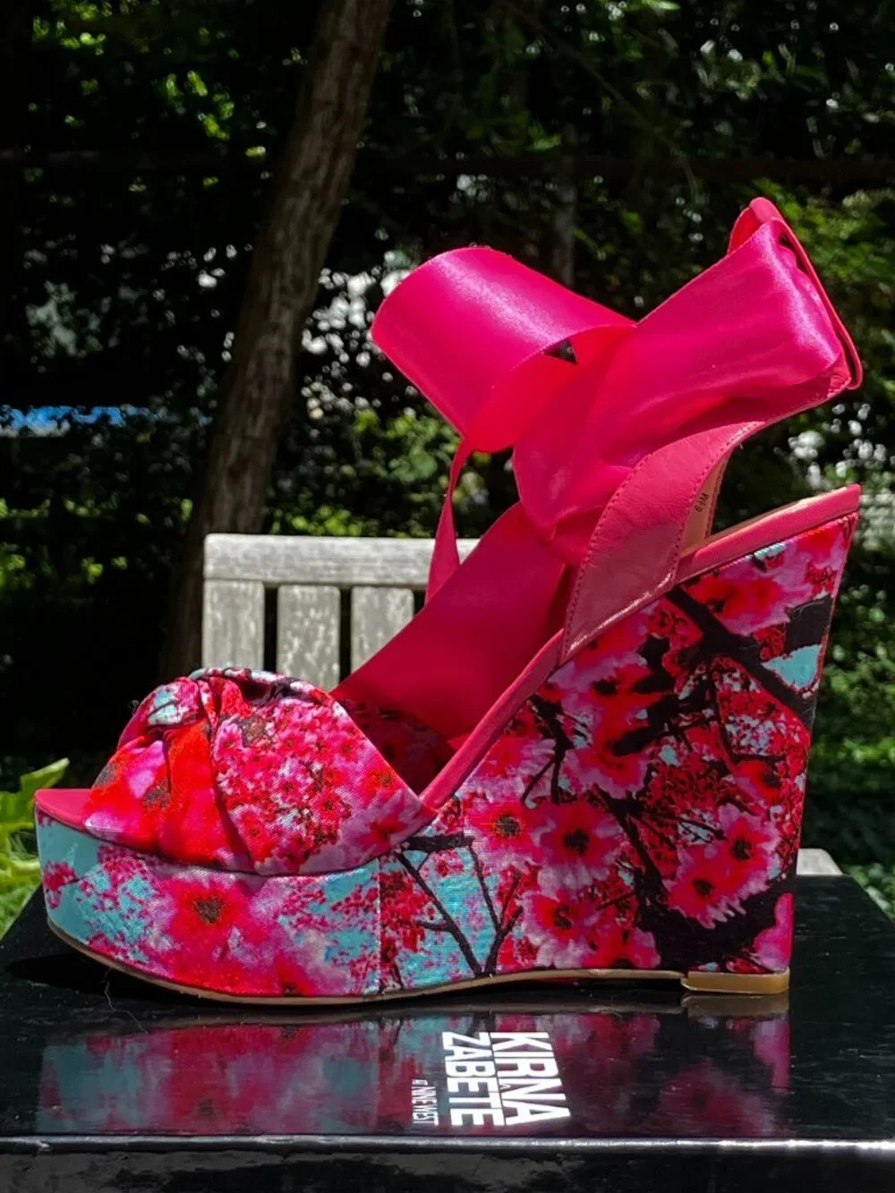 NWT🌺Cherry Blossom and Pink Satin Ribbon Platform Wedge Sandals